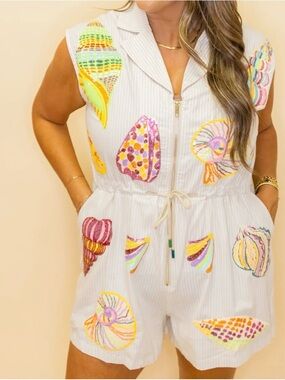 Queen of Sparkles Tan STRIPE MULTI SHELL TIE COLLAR ROMPER - XL